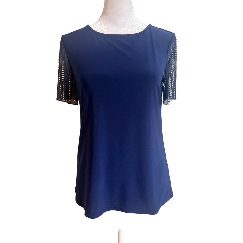 Tiana B. Studded Mesh Sleeve Top Womens XS Navy NEW Blouse